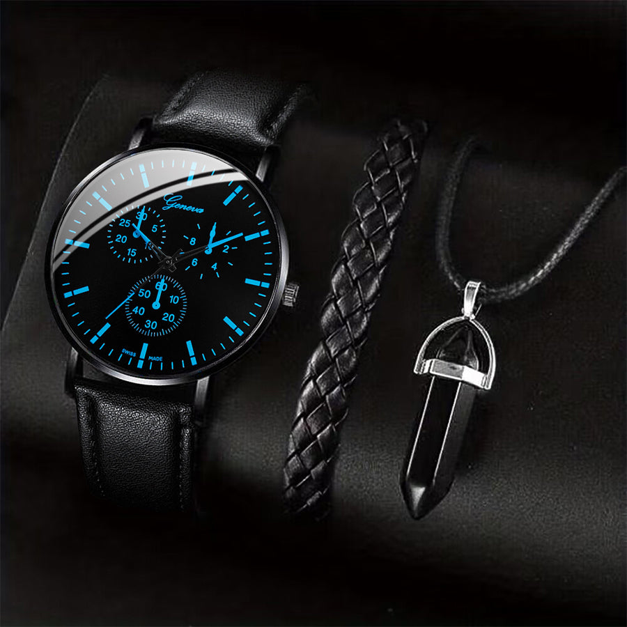 Mens Casual Leather Band Analog, Males Quartz Watch Set, Business Watches, Necklace Bracelet Set