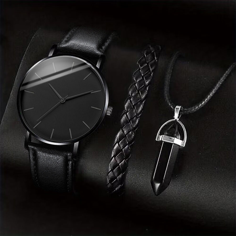 Mens Casual Leather Band Analog Males Quartz Watch 3PCS Set Business Watches Necklace Bracelet Set 4