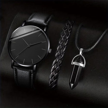 Mens Casual Leather Band Analog Males Quartz Watch 3PCS Set Business Watches Necklace Bracelet Set 4