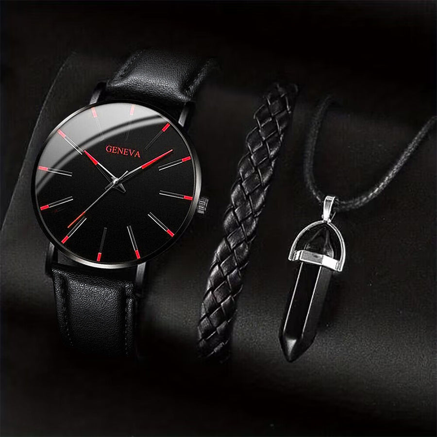 Mens Casual Leather Band Analog Males Quartz Watch 3PCS Set Business Watches Necklace Bracelet Set 5