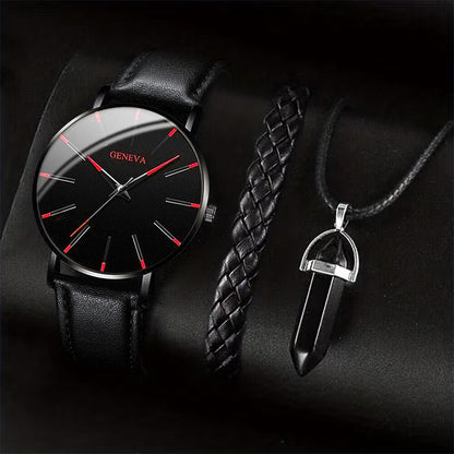 Mens Casual Leather Band Analog Males Quartz Watch 3PCS Set Business Watches Necklace Bracelet Set 5