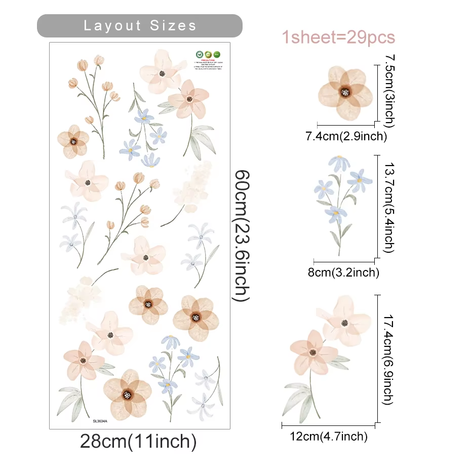 Flowers Wall Stickers Child Water Colour Bedroom Decor Living Room Home Art Eco Friendly Removable  13