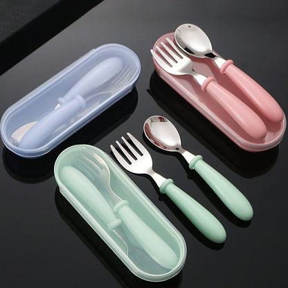 Useful Tableware Feeding Cutlery, Children's Portable Stainless Steel Spoon, Fork with Box, Baby Shower Gift Set