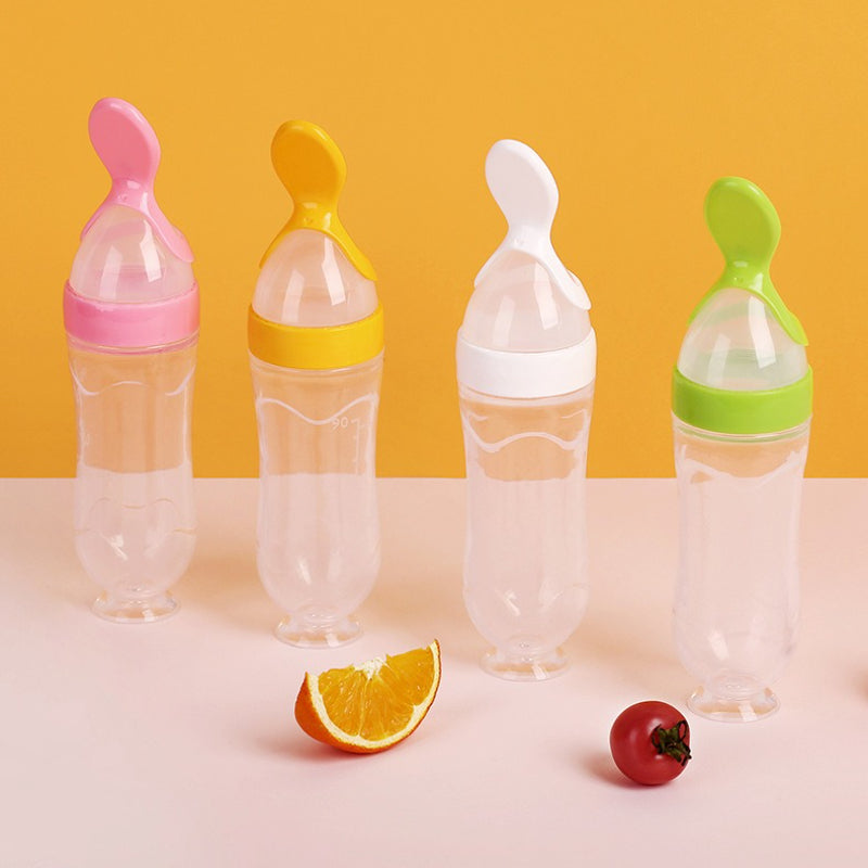 Safe Useful Silicone Baby Bottle, Squeeze Spoon Milk Feeding Bottle Cup, Rice Cereal Bottles with Spoon Food Supplement
