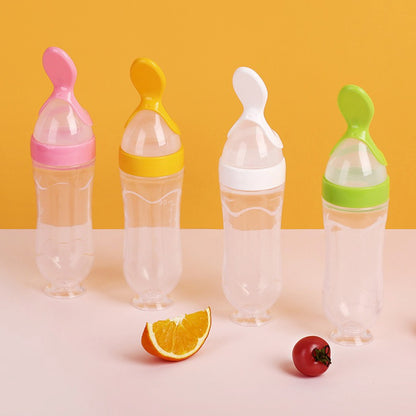 Safe Useful Silicone Baby Bottle, Squeeze Spoon Milk Feeding Bottle Cup, Rice Cereal Bottles with Spoon Food Supplement