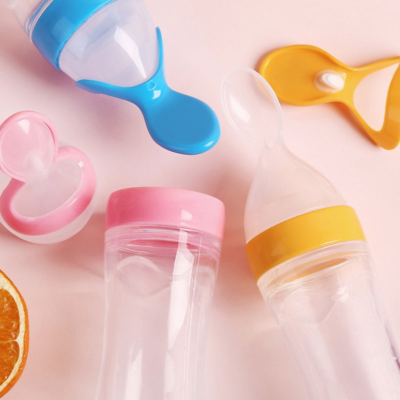 Safe Useful Silicone Baby Bottle, Squeeze Spoon Milk Feeding Bottle Cup, Rice Cereal Bottles with Spoon Food Supplement