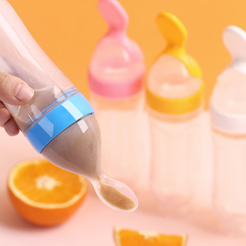 Safe Useful Silicone Baby Bottle, Squeeze Spoon Milk Feeding Bottle Cup, Rice Cereal Bottles with Spoon Food Supplement