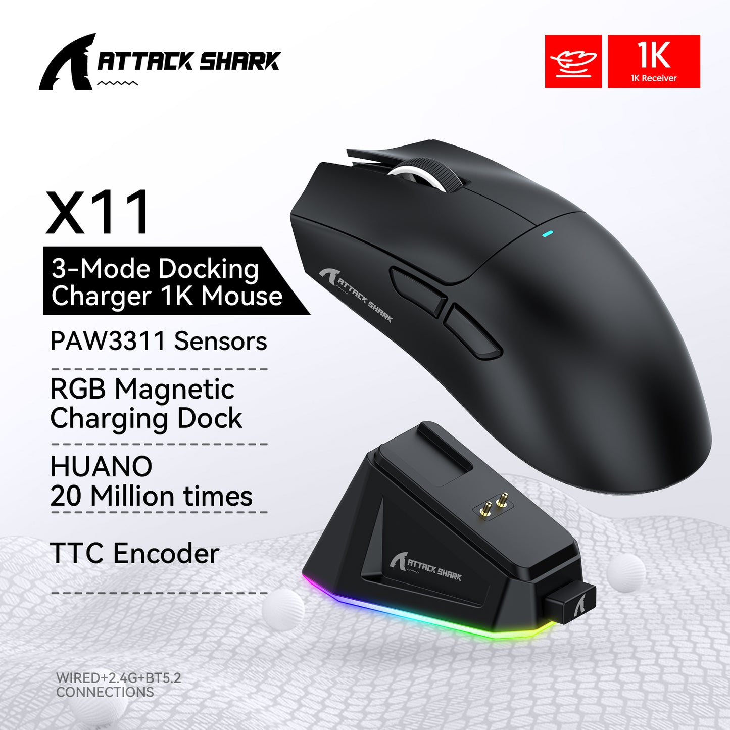 Lightweight Ergonomic Gaming Mouse, Attack Shark RGB Wireless, Bluetooth Tri Mode Connectivity for VALORANT and FPS