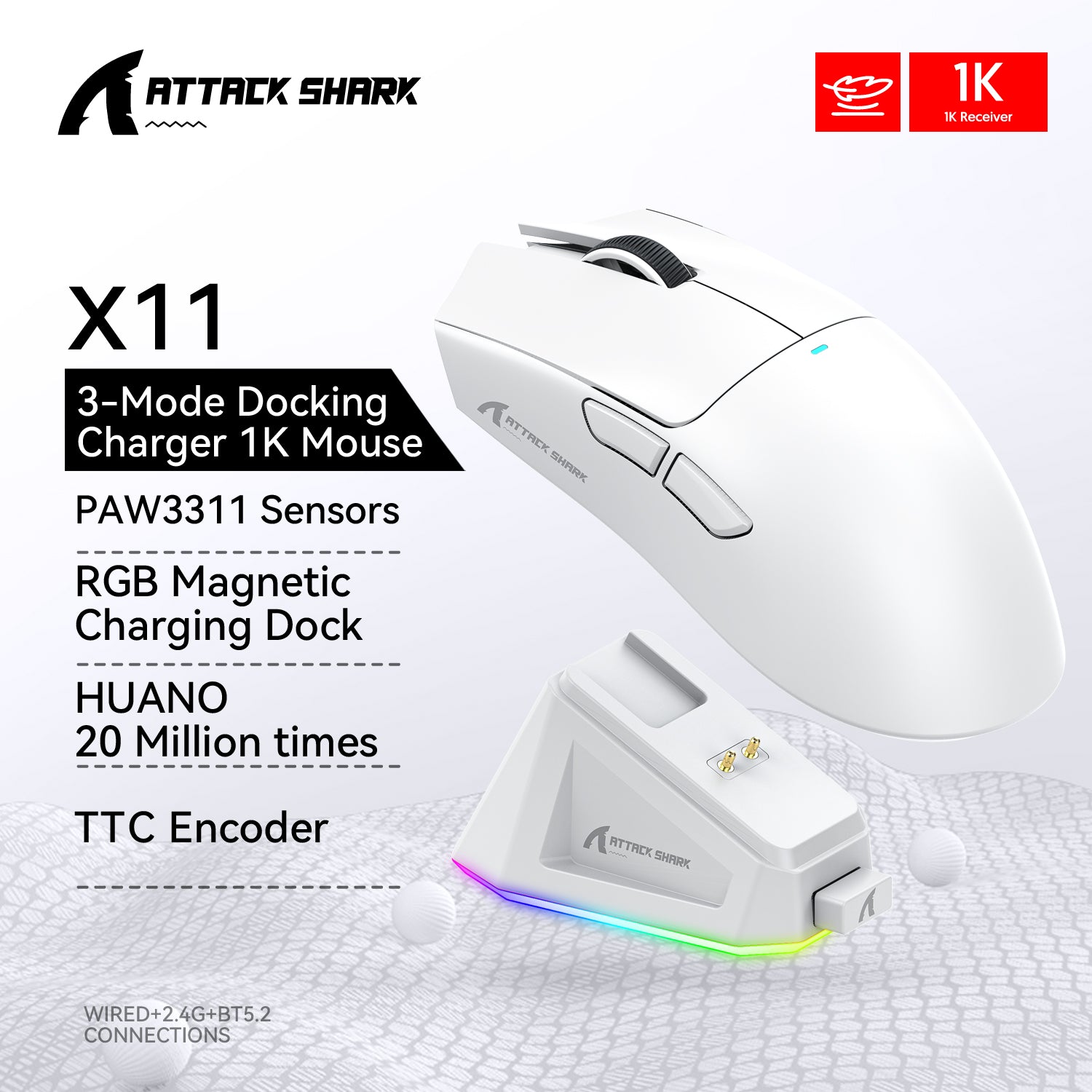 Lightweight Ergonomic Gaming Mouse, Attack Shark RGB Wireless, Bluetooth Tri Mode Connectivity for VALORANT and FPS