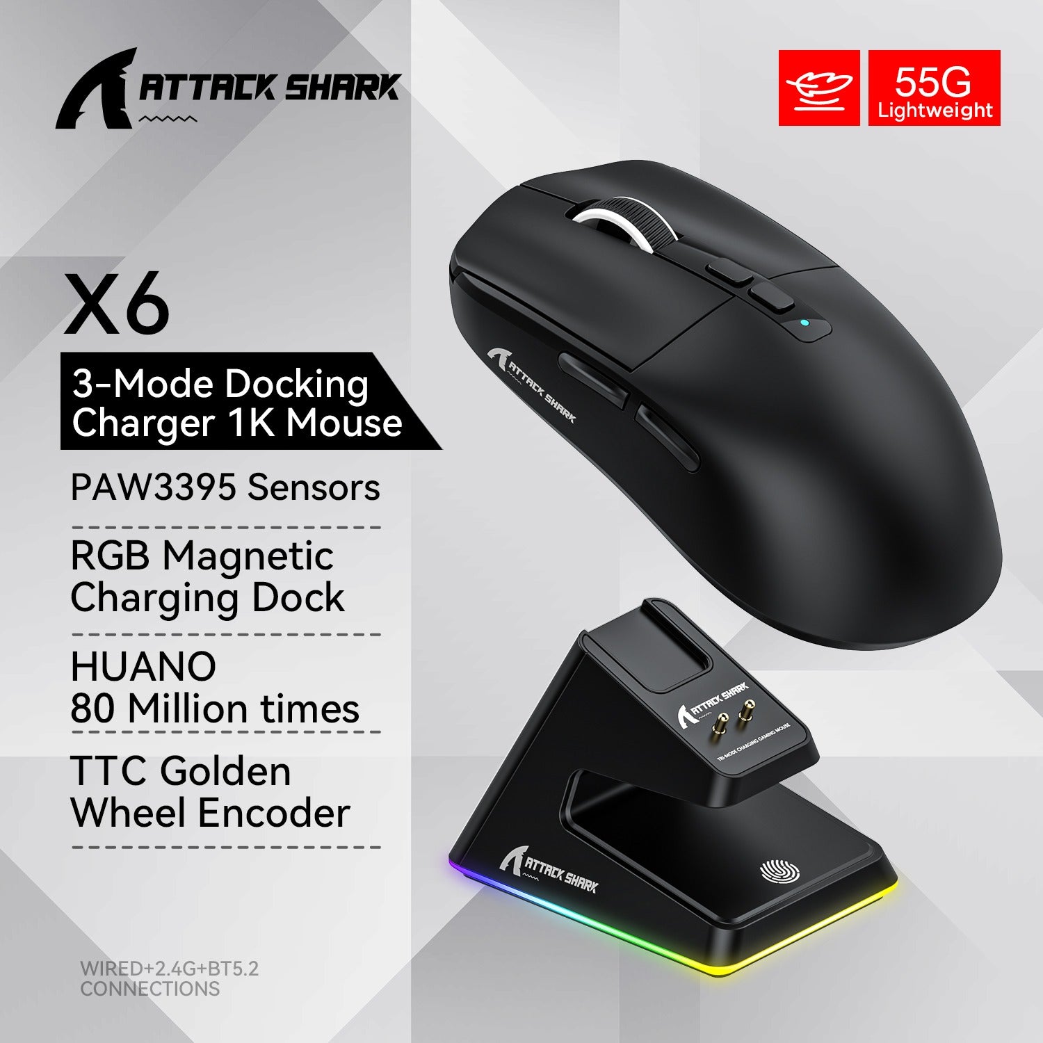 Lightweight Ergonomic Gaming Mouse, Attack Shark RGB Wireless, Bluetooth Tri Mode Connectivity for VALORANT and FPS