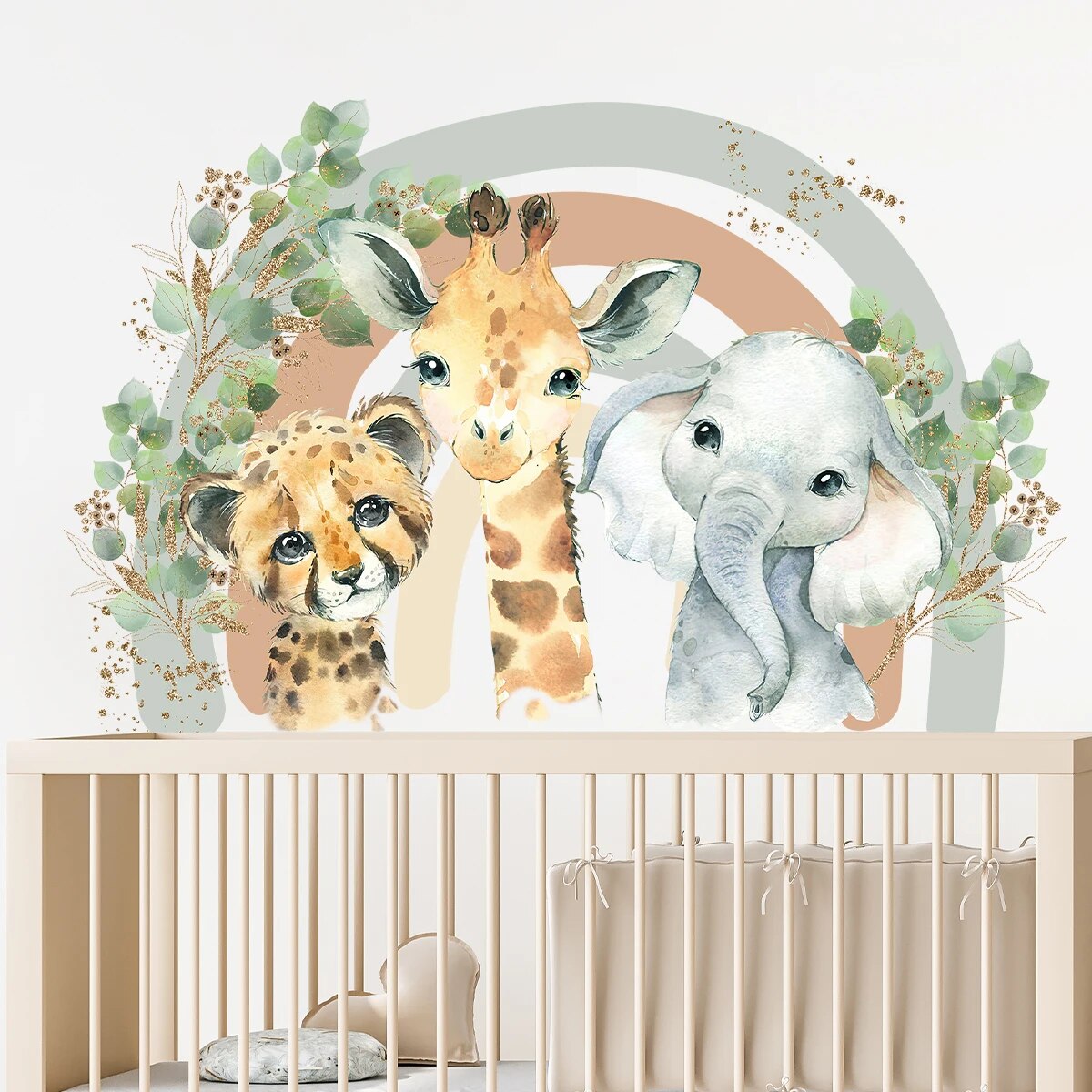 Cartoon Cute Smiling Face Wall Sticker, Lion Giraffe Elephant Leaf Rainbow Decor for Kids Room, Bedroom Home Decoration
