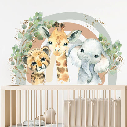 Cartoon Cute Smiling Face Wall Sticker, Lion Giraffe Elephant Leaf Rainbow Decor for Kids Room, Bedroom Home Decoration