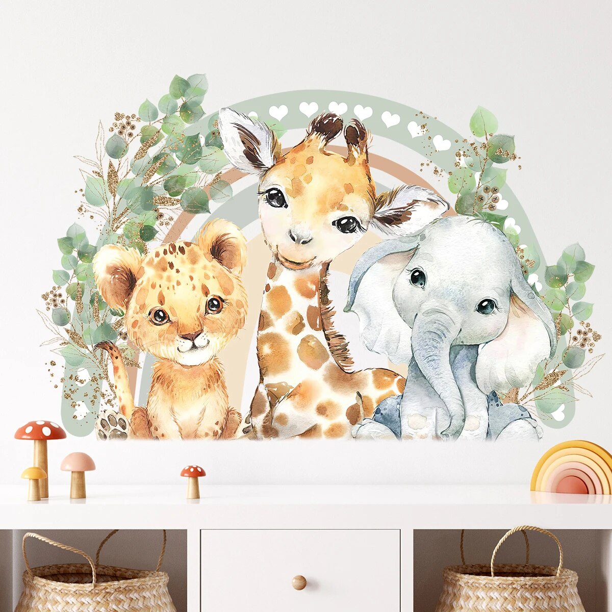 Cartoon Cute Smiling Face Wall Sticker Lion Giraffe Elephant Leaf Rainbow Decor For Kids Room Bedro 3