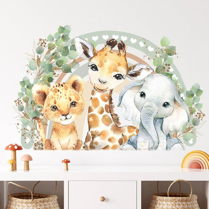 Cartoon Cute Smiling Face Wall Sticker Lion Giraffe Elephant Leaf Rainbow Decor For Kids Room Bedro 3
