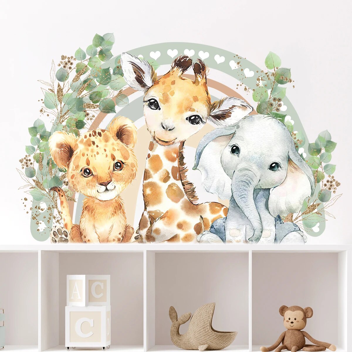 Cartoon Cute Smiling Face Wall Sticker Lion Giraffe Elephant Leaf Rainbow Decor For Kids Room Bedro 5