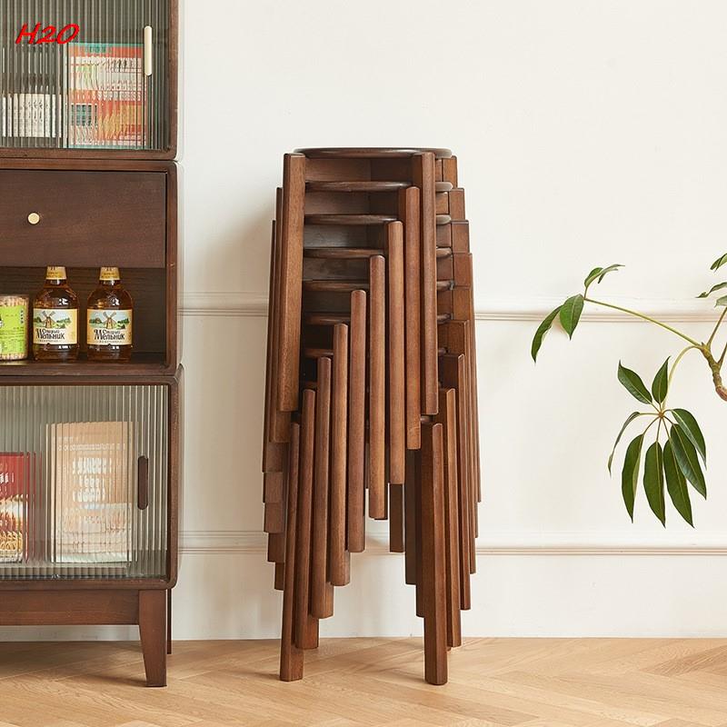 Dining Table Stool, Modern Simple Square Round Rubber Wood, Household Solid Wood Living Room Dining Room Stackable Seat