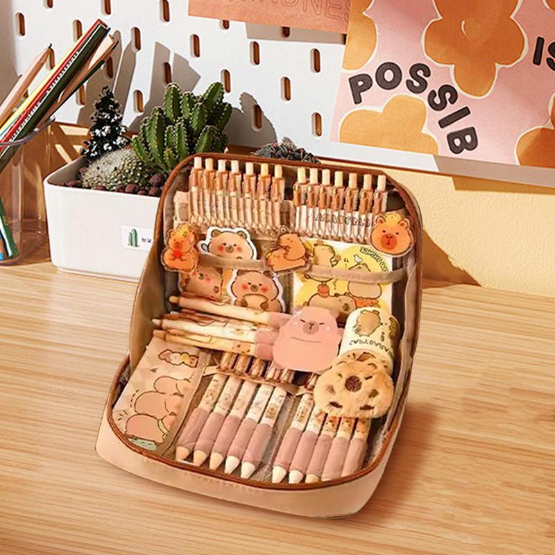 Cute Pencil Case With Pens Clips Rulers Sticky Note, Capybara Stationery Set, Color Ballpoint Pen Pencil Organizer