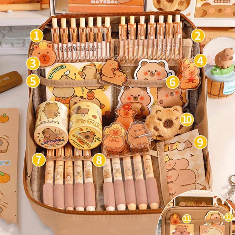 Cute Pencil Case With Pens Clips Rulers Sticky Note, Capybara Stationery Set, Color Ballpoint Pen Pencil Organizer