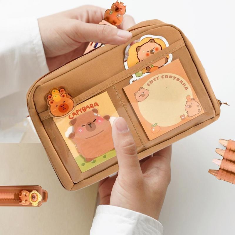 Cute Pencil Case With Pens Clips Rulers Sticky Note, Capybara Stationery Set, Color Ballpoint Pen Pencil Organizer