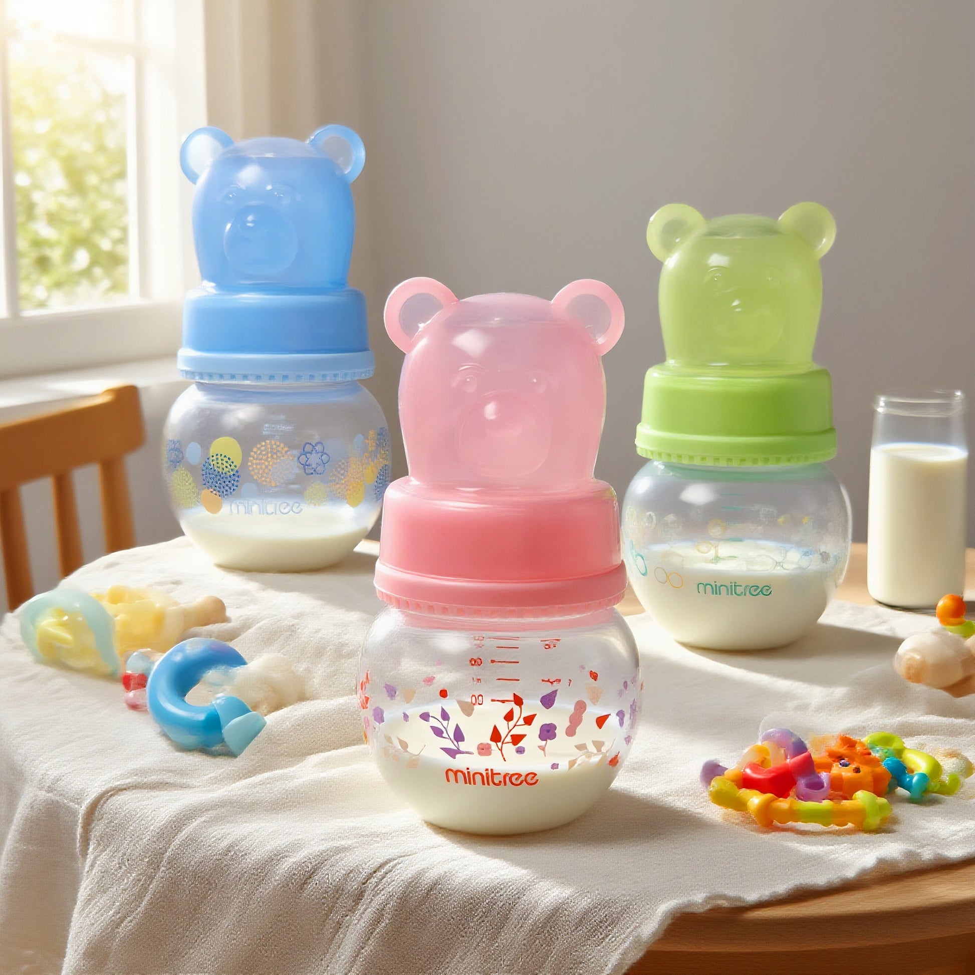 Flat Unique Bear Shape Bottle Cap Baby Feeder, Newborn Standard Caliber PP Bottle