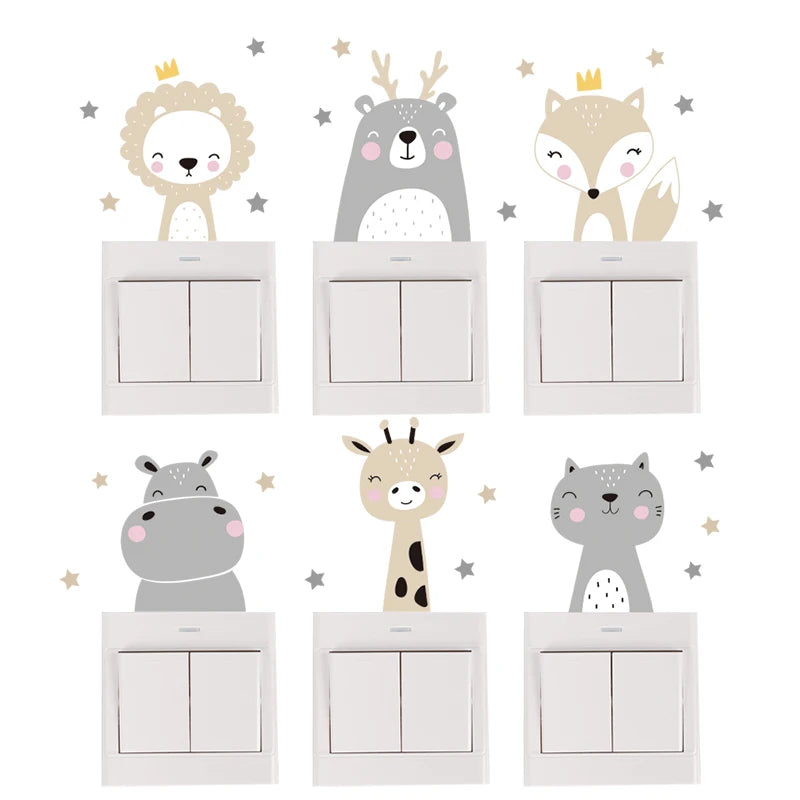 Colour Cute Smile Cartoon Animals, Switch Stickers for Wall, Kids Room Baby Nursery Room, Wall Decals Stars Home Decor