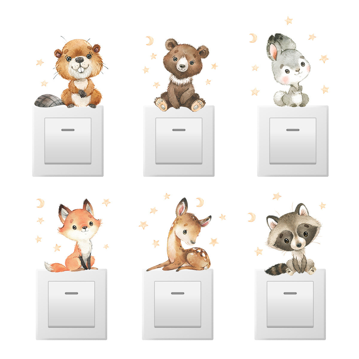 Colour Cute Smile Cartoon Animals, Switch Stickers for Wall, Kids Room Baby Nursery Room, Wall Decals Stars Home Decor