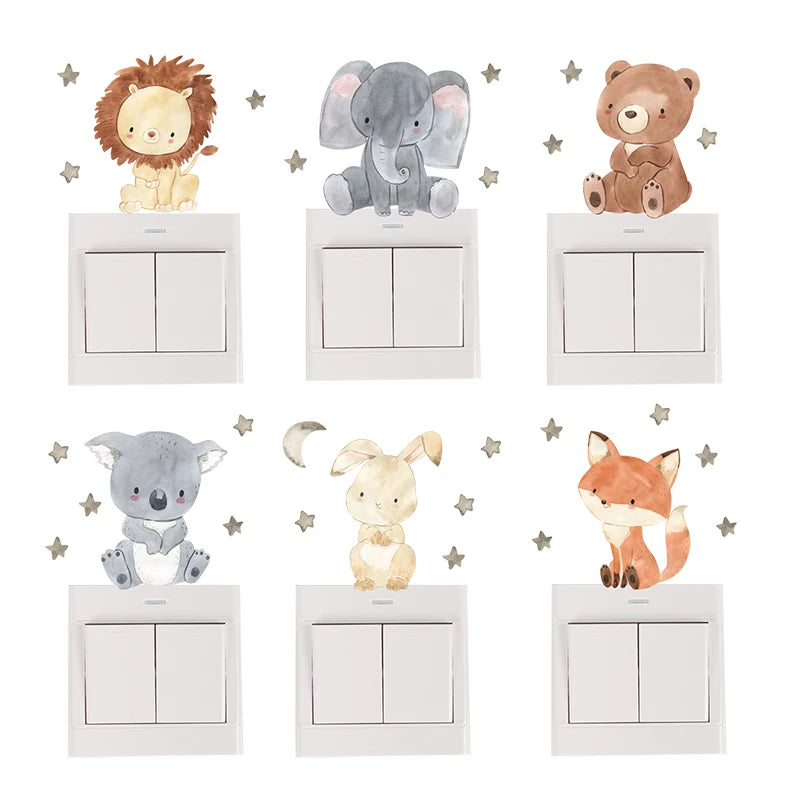 Colour Cute Smile Cartoon Animals, Switch Stickers for Wall, Kids Room Baby Nursery Room, Wall Decals Stars Home Decor