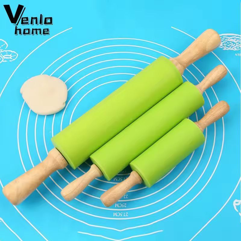 Silicone-Coated Non-Stick Rolling Pin with Wooden Handles - Easy Dough Roller & Pastry Tool