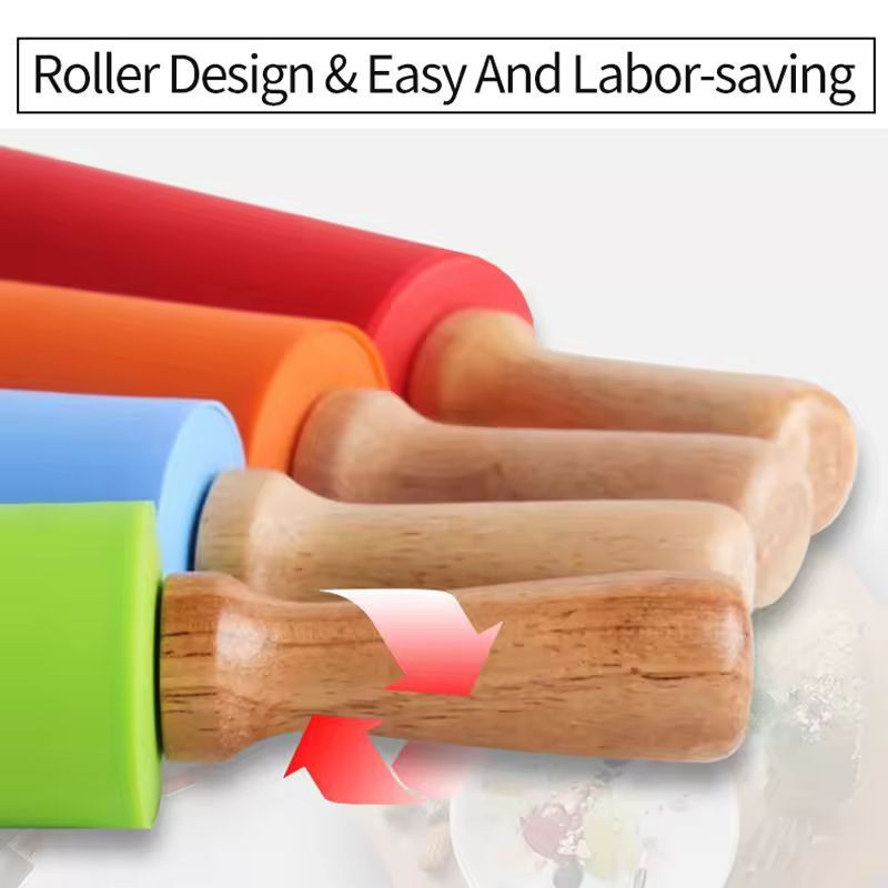 SiliconeCoated NonStick Rolling Pin With Wooden Handles  Easy Dough Roller  Pastry Tool 2