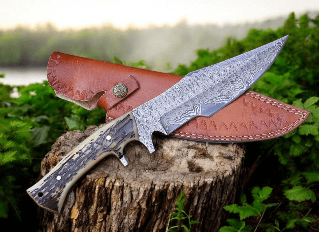 for sale stag horn handle bushcraft knife leather sheath