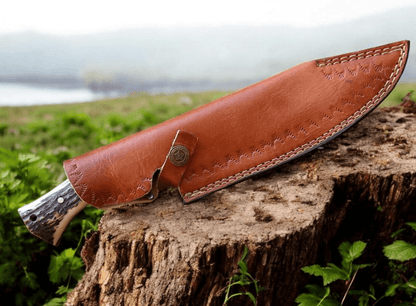 for sale stag horn handle bushcraft knife leather sheath