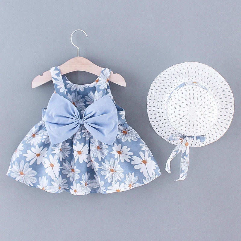 Little Fresh Everyday Sweet Princess Dress with Bow, Summer New Girls Dress Floral Print, Adorable Daily Wear