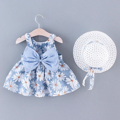 Little Fresh Everyday Sweet Princess Dress with Bow, Summer New Girls Dress Floral Print, Adorable Daily Wear