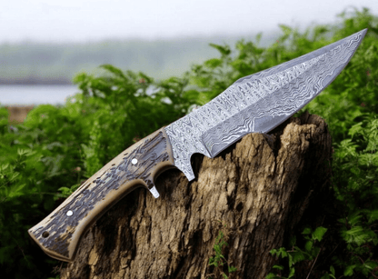Damascus Steel Hunting Knife  Stag Horn Handle  75 Outdoor Blade  Leather Sheath  Hunting Knife Gif