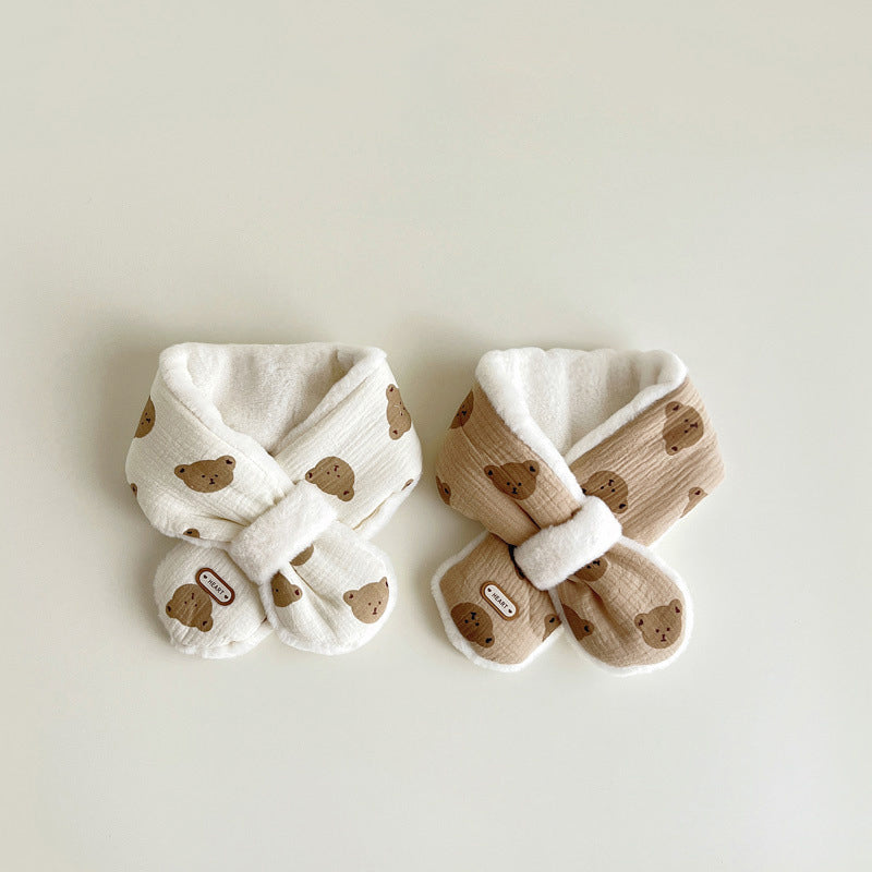 Cross Scarves For Kids Boys Girls, Winter Plush Bear Print Baby Scarf, Warm Neckerchief Soft Comfortable Fit