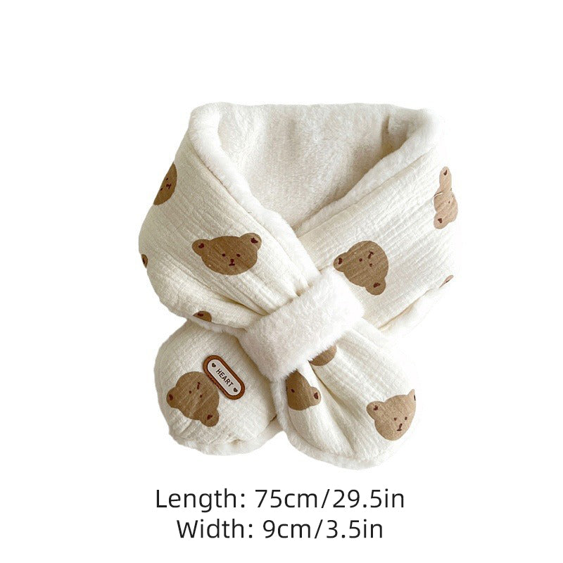Cross Scarves For Kids Boys Girls, Winter Plush Bear Print Baby Scarf, Warm Neckerchief Soft Comfortable Fit