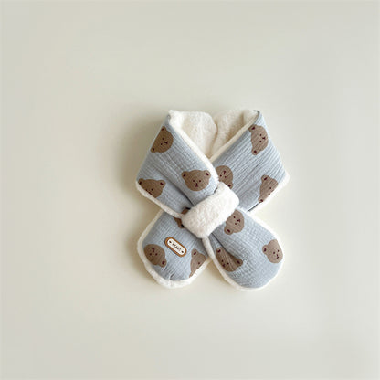 Cross Scarves For Kids Boys Girls, Winter Plush Bear Print Baby Scarf, Warm Neckerchief Soft Comfortable Fit