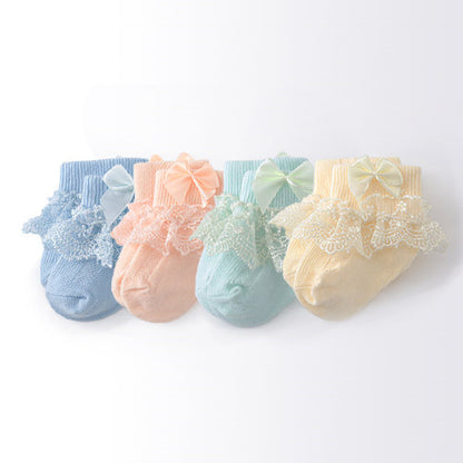 Princess Bow Toddler Baby Girls Socks, Lace Infant Girls Sock, Spring Cotton Newborn Baby Socks For Girls