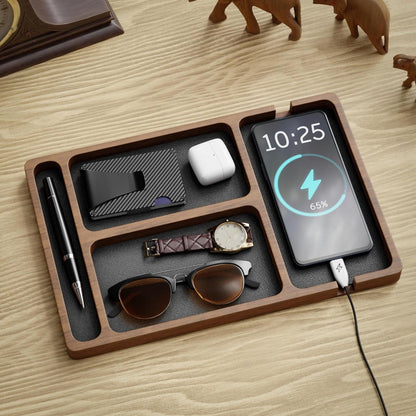Wooden Storage Tray with Solid Wood Grid, Wooden Office Desktop Storage Box for Earphones, Glasses, Mobile Phone