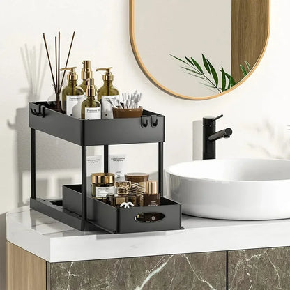 Sliding Cabinet Basket With Hooks Under Sink Organizer Bathroom Kitchen Space Saving Rack With Hang 1