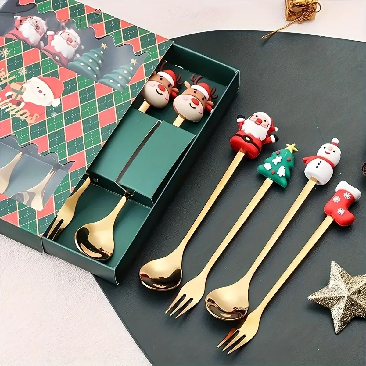 Stainless Steel Creative Cartoon Cutlery, Christmas Themed Cutlery Set, Holiday Gift Cutlery Decoration