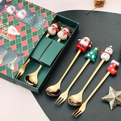 Stainless Steel Creative Cartoon Cutlery, Christmas Themed Cutlery Set, Holiday Gift Cutlery Decoration