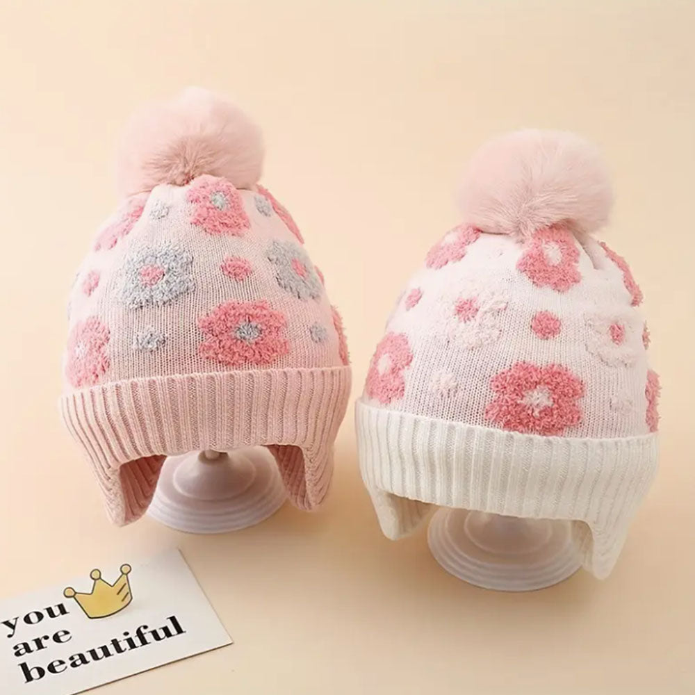 Soft Flower Beanie Girl Floral Hat With Ball Ear Warmers Adjustable Snap Closure Christmas Winter H 1