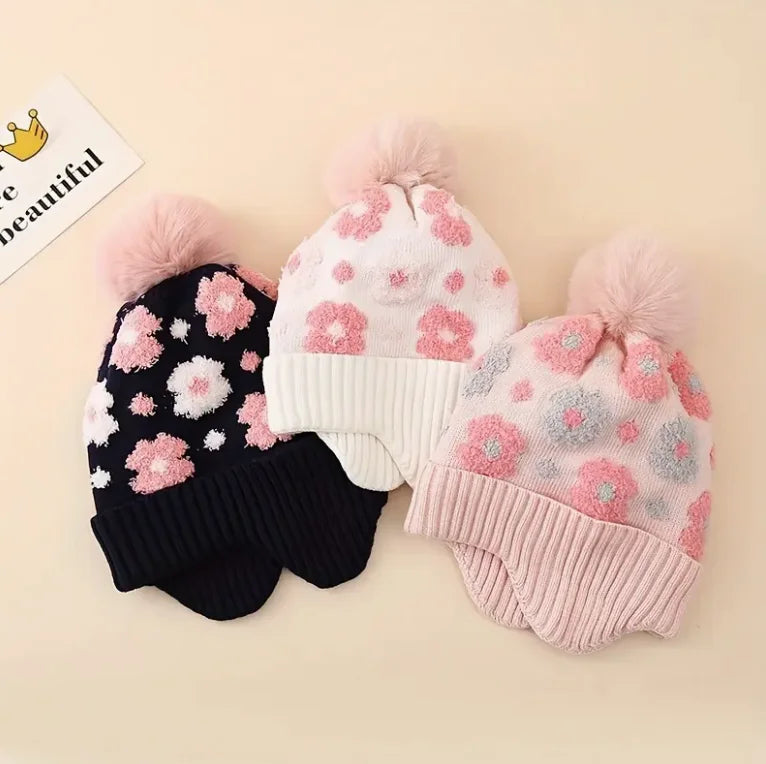 Soft Flower Beanie, Girl Floral Hat with Ball Ear Warmers, Adjustable Snap Closure, Christmas Winter Hat