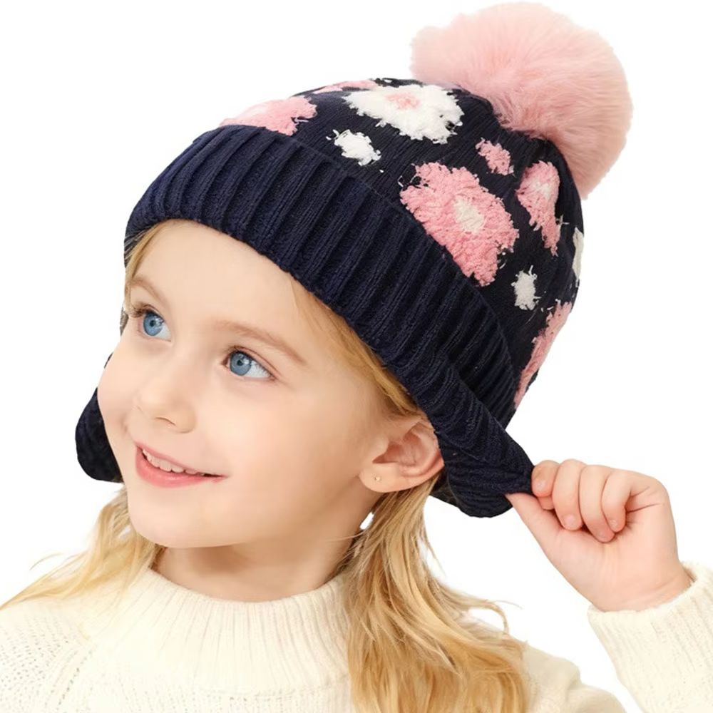 Soft Flower Beanie Girl Floral Hat With Ball Ear Warmers Adjustable Snap Closure Christmas Winter H 4