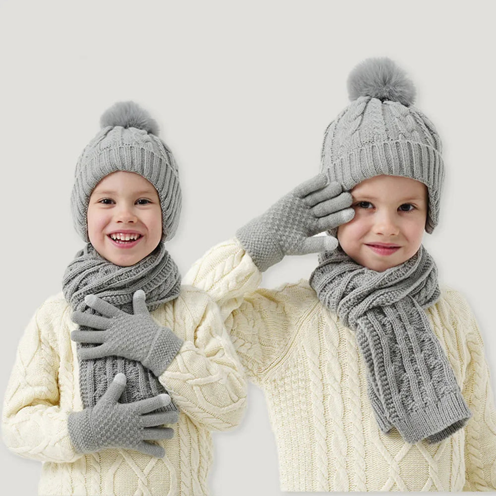 Knitted Thickened Warm Single Set, Girl And Boy Hat Scarf And Glove Set, Stretch Fit Lightweight Winter