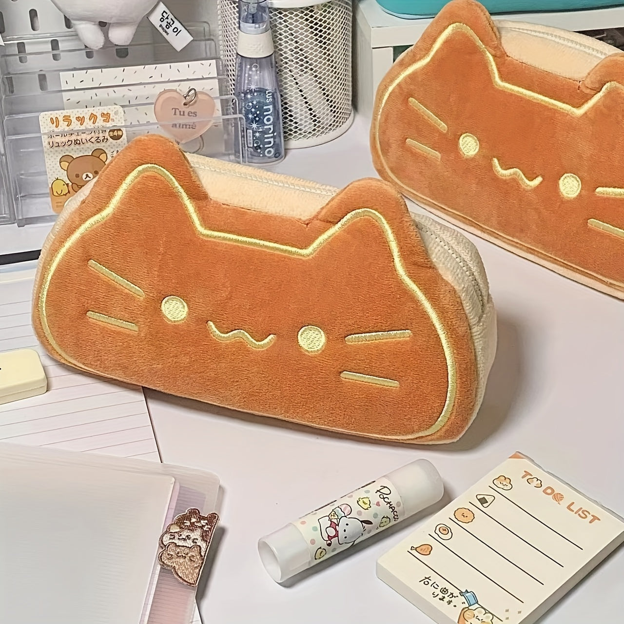 Caramel Cat Plush Pen Case Large Capacity Pencil Bag Cute School Gift For Primary And Secondary Stu 1