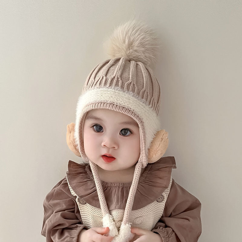 Warm Ear Protection Hat Velvet Lining Kids, Children Woolen Knit Hats, Cute Animal Baby Earmuffs Cap Winter