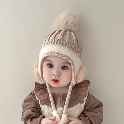 Warm Ear Protection Hat Velvet Lining Kids, Children Woolen Knit Hats, Cute Animal Baby Earmuffs Cap Winter