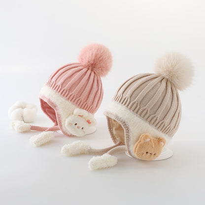 Warm Ear Protection Hat Velvet Lining Kids Children Woolen Knit Hats Cute Animal Baby Earmuffs Cap  2